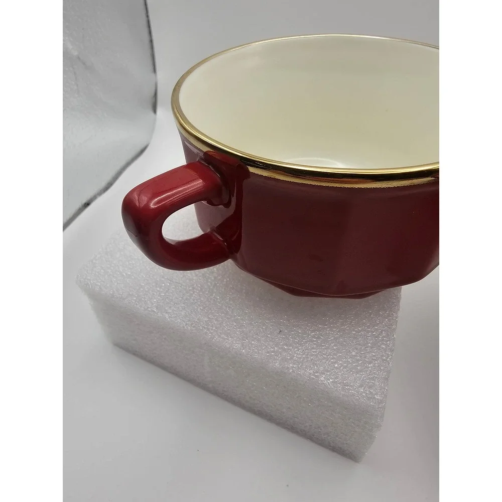 Apilco France Red Porcelain Tea Cup and Saucer Set Gold Gilt Trim Bistro Ware